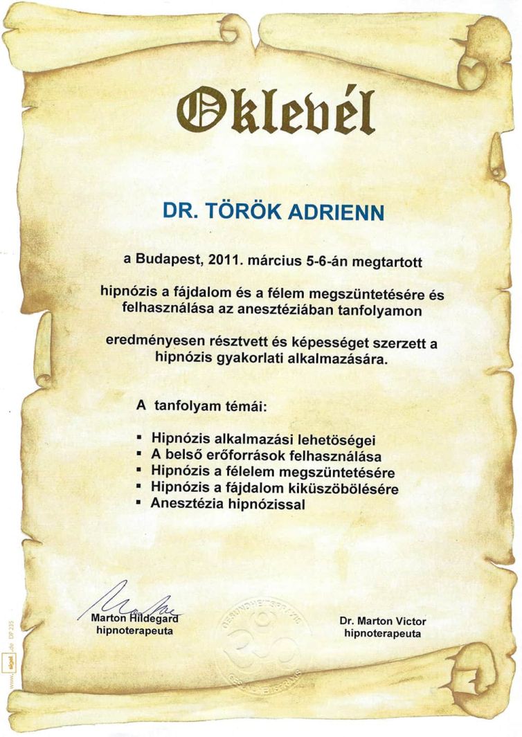 Dr. Török Adrienn fogorvos oklevél